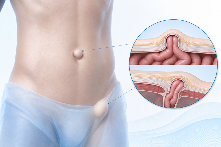 Ilustración educativa de hernias de la pared abdominal e inguinales