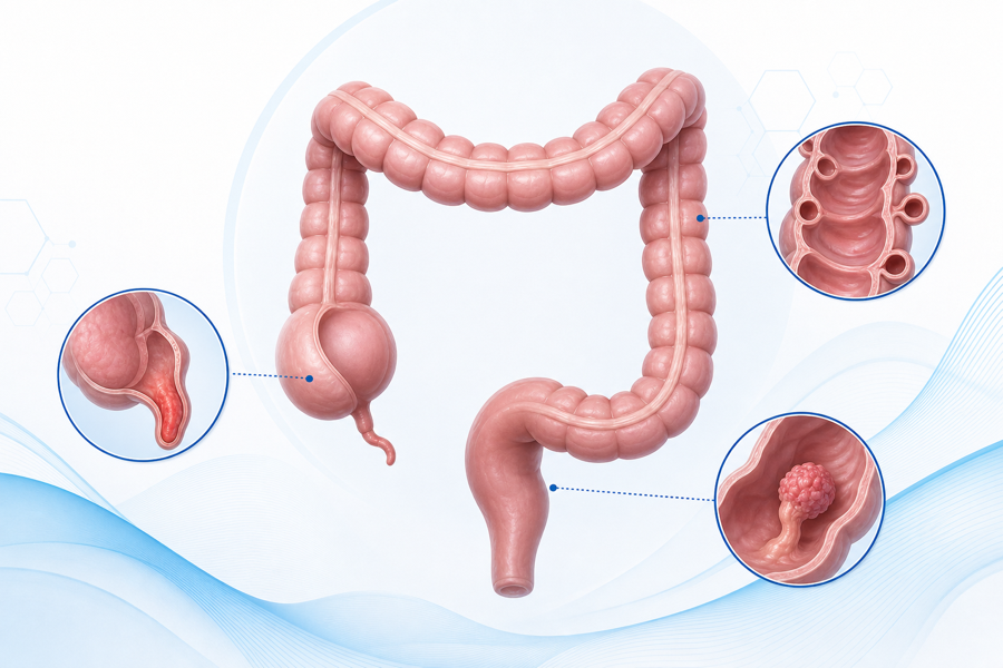 Ilustración educativa del colon, recto y patologías frecuentes